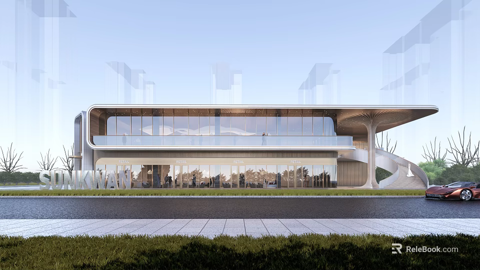 Modern Architectural Building With Glass Curtain Wall And Spacious Outdoor Lawn Area 3d model 