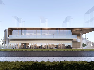 Modern Architectural Building With Glass Curtain Wall And Spacious Outdoor Lawn Area 3d model