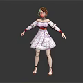 3D Game Movie Female Character with White Dress Red Belt Brown Hair and Blue Accessory