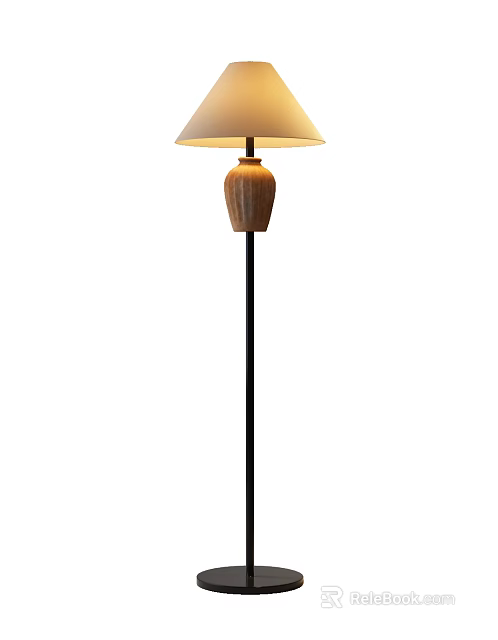 Modern Floor Lamp With Black Metal Pole Wooden Textured Base And Cream Fabric Shade 3d model 