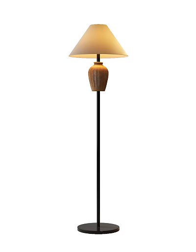 Modern Floor Lamp With Black Metal Pole Wooden Textured Base And Cream Fabric Shade 3d model