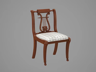 Classic Wooden Office Chair With Carved Backrest And White Checkered Cushion 3d model
