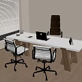 Modern Office Desk and Chair Set with White Table Black Chairs Laptop and Wooden Floor