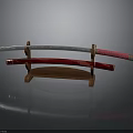 Japanese Katana Sword On Wooden Display Stand With Red Handle And Metal Blade