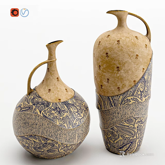 Artisanal Handcrafted Vases With Textured Beige Blue Patterns And Decorative Handles 3d model 