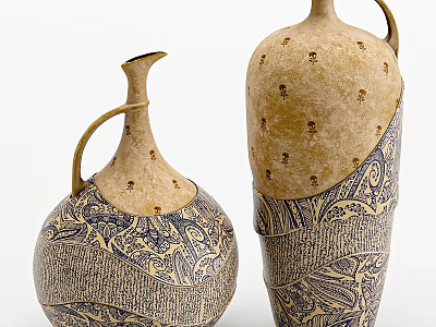 Artisanal Handcrafted Vases With Textured Beige Blue Patterns And Decorative Handles 3d model