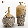 Artisanal Handcrafted Vases With Textured Beige Blue Patterns And Decorative Handles