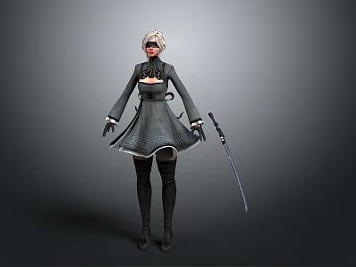 White Short Haired Woman In Black Dress And Gloves Holding Long Sword Against Gray Background 3d model