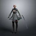 White Short Haired Woman In Black Dress And Gloves Holding Long Sword Against Gray Background
