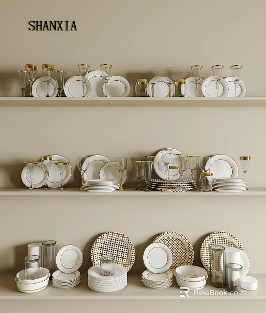 Elegant Modern Dinnerware Set Display With Plates Glasses Bowls On Shelves 3d model 