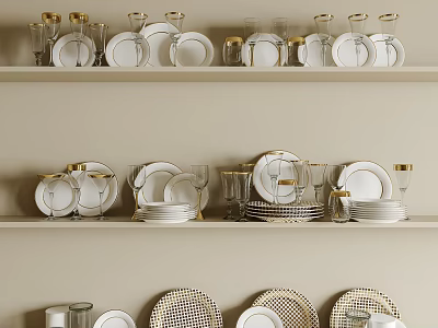 Elegant Modern Dinnerware Set Display With Plates Glasses Bowls On Shelves 3d model