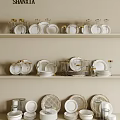 Elegant Modern Dinnerware Set Display With Plates Glasses Bowls On Shelves