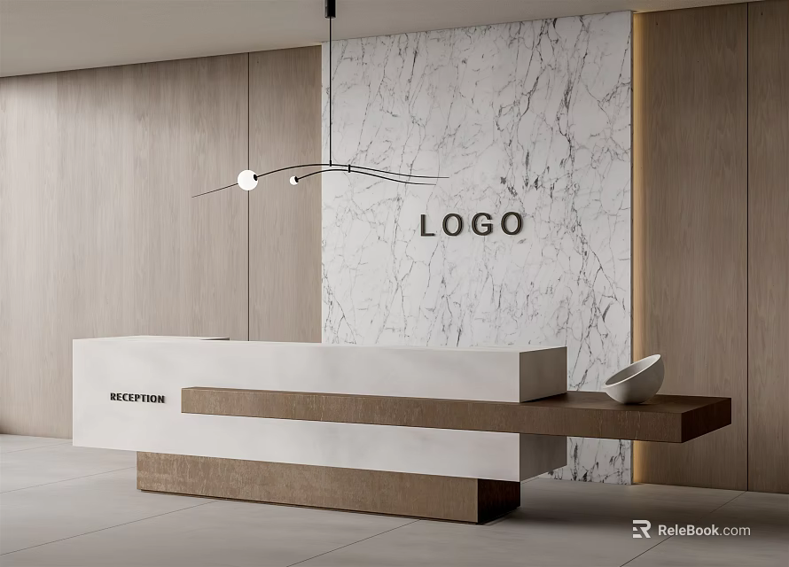 Modern Minimalist Reception Desk With Marble Wall Wooden Elements And Pendant Light 3d model 