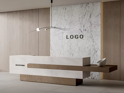 Modern Minimalist Reception Desk With Marble Wall Wooden Elements And Pendant Light 3d model
