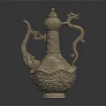 Traditional Style Ceramic Wine Bottle Featuring Intricate Dragon Carvings And Floral Patterns On Dark Background