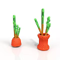 Two Green and Brown Branch Cactus in Orange Woven Pots on White Background