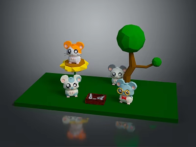 Cute Game Cartoon Animal Characters with Low Poly Tree Green Grass and Red Box 3d model