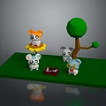 Cute Game Cartoon Animal Characters with Low Poly Tree Green Grass and Red Box
