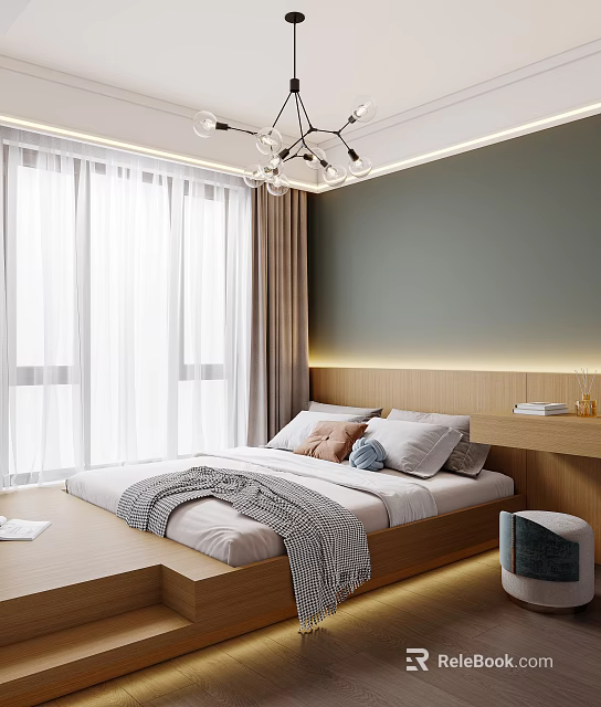Cozy Tatami Bedroom With White Curtains Gray Walls Wooden Headboard And Multiple Pillows 3d model 
