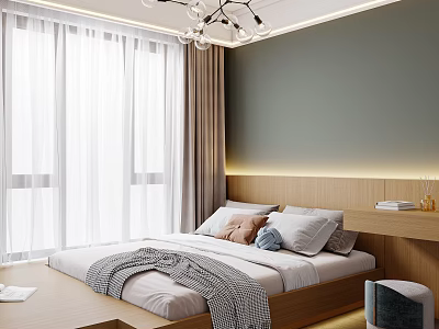 Cozy Tatami Bedroom With White Curtains Gray Walls Wooden Headboard And Multiple Pillows 3d model
