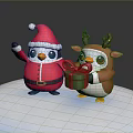 Cartoon Penguin In Santa Costume And Reindeer Antler Character With Green Gift Box