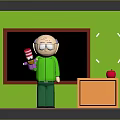 Man Standing in Green Background With Blackboard Red Purple Book Orange Desk and Red Apple