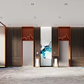 Modern Elevator Lobby With Wooden Panels And Art Murals 3d model