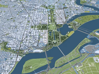 Aerial View Of Urban City Layout With Buildings River And Green Spaces 3d model