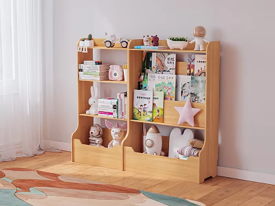 Wooden Bookcase for Kids Room with Stuffed Rabbit Toys Picture Books and Star Decoration 3d model