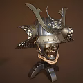 Traditional Samurai Helmet with Metal Construction Decorative Carvings and Side Guards on Stand