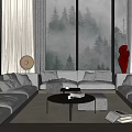 Luxury Modern Sofa and Coffee Table Set with Large Windows Forest View and Red Sculpture