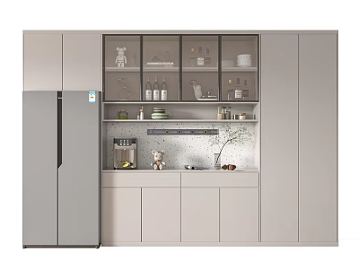 Modern Kitchen Light Colored Wine Cabinet With Glass Doors And Display Shelves 3d model