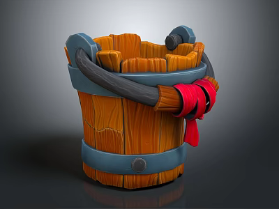 Wooden Bucket Decorative Ornament Set with Metal Hoops Red Cloth and Textured Design 3d model