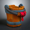 Wooden Bucket Decorative Ornament Set with Metal Hoops Red Cloth and Textured Design