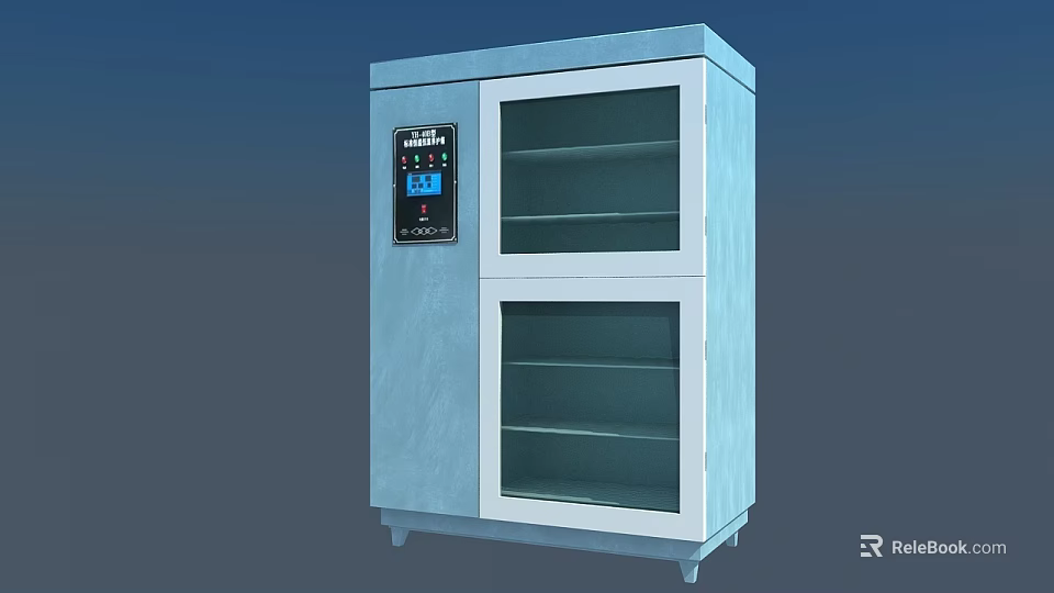 Blue Industrial Equipment Cabinet With Glass Doors Multiple Shelves And Control Panel 3d model 