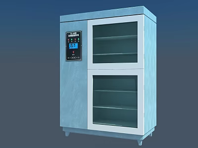 Blue Industrial Equipment Cabinet With Glass Doors Multiple Shelves And Control Panel 3d model