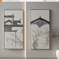 Chinese Style Wall Paintings With Traditional Architecture Roof And Plum Branches