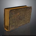 Antique Leather Book Cover With Intricate Carved Patterns And Gold Accents