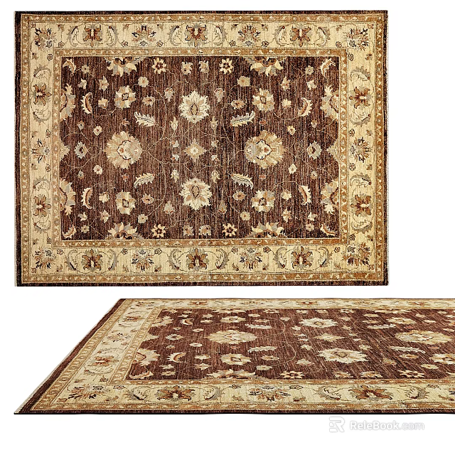 Traditional Square Rug With Floral Patterns Brown Beige Decorative Border Design 3d model