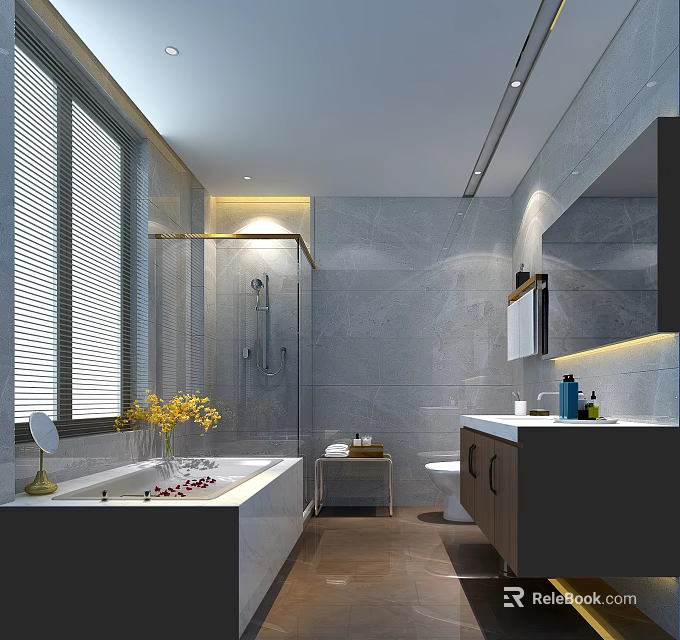 Contemporary Light Gray Marble Bathroom With Elegant Bathtub Glass Shower And Modern Vanity Cabinets 3d model 