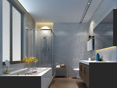 Contemporary Light Gray Marble Bathroom With Elegant Bathtub Glass Shower And Modern Vanity Cabinets 3d model