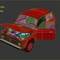 Red Small Car With Open Hood And Doors Showing Engine Interior 3d model