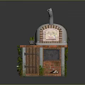 Outdoor Brick Pizza Oven With Arched Design Chimney Wooden Door And Green Vines