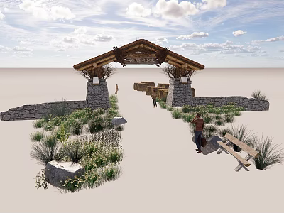 Scenic Landscape With Wooden Roofed Porch Stone Walls Grassy Area Bench And Blue Sky Clouds 3d model