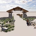 Scenic Landscape With Wooden Roofed Porch Stone Walls Grassy Area Bench And Blue Sky Clouds