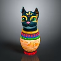 Vibrant Cat Shaped Decorative Furniture Ornament With Colorful Patterns And Green Eyes