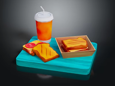 Delicious Grilled Sandwiches With Orange Drink On Blue Tray And Ketchup Packet 3d model