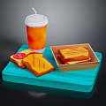 Delicious Grilled Sandwiches With Orange Drink On Blue Tray And Ketchup Packet