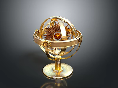 Golden Decorative Sphere Ornament With Metal Rings And Base For Home Decor 3d model