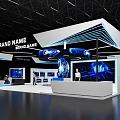Modern Hi Tech Exhibition Booth With Blue Lighting Digital Screens and Brand Signage
